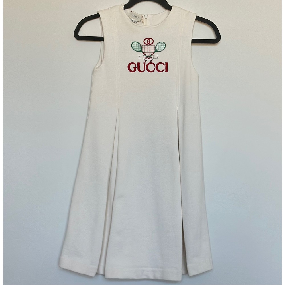 Gucci Girls Ivory Cotton‎ Sleeveless Jersey Tennis Embroidered Dress Size 10 NWT